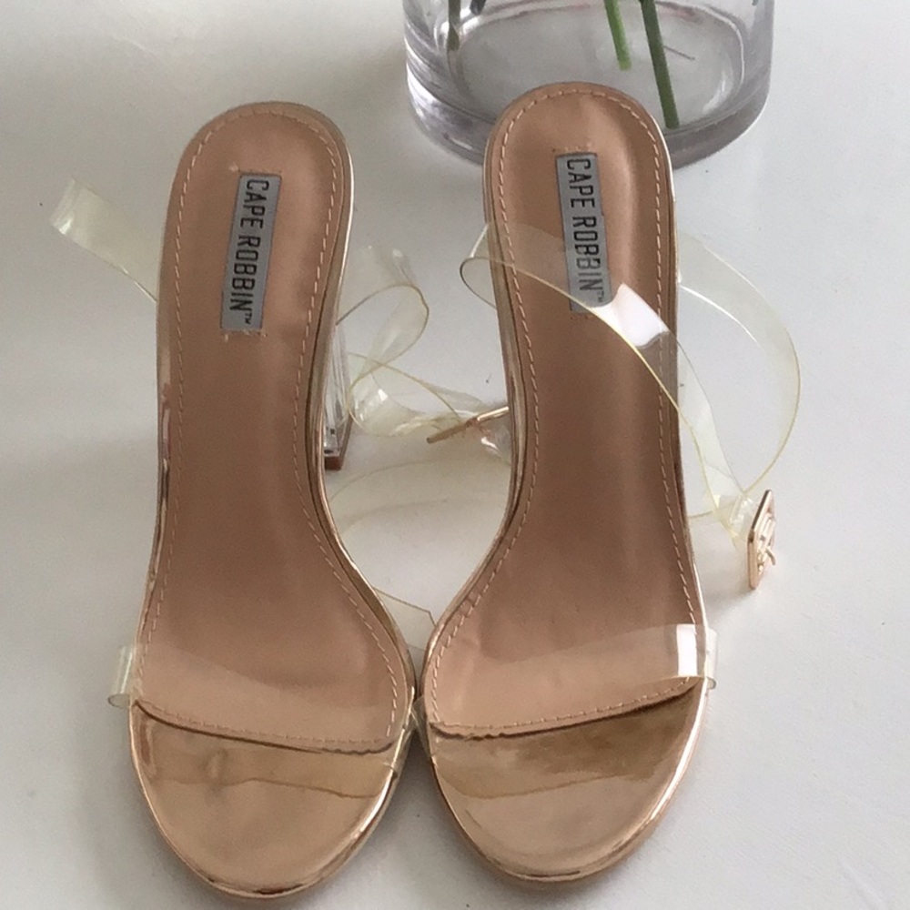 Clear ankle strap, rose gold heels 8, but fits like a 7